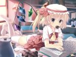  1girl ascot ass bat blonde_hair blush book bookmark bookshelf checkerboard_cookie cookie cup eating flandre_scarlet food food_in_mouth francis_(ohne) glass hat lamp lying mouth_hold on_bed on_stomach open_book panties red_eyes shelf short_hair side_ponytail skirt skirt_set solo sunlight sweets tea teacup teapot thigh-highs touhou tray underwear water white_legwear white_panties window wings 