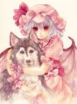  1girl bat_wings bow dog hat hat_bow lavender_hair mabiko red_eyes remilia_scarlet touhou traditional_media watercolor_(medium) wings wrist_cuffs 