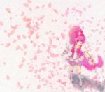  1girl boots bow cherry_blossoms cure_blossom flower from_above hair_bow heartcatch_precure! high_ponytail knee_boots long_hair najisa petals pink_bow pink_eyes pink_hair precure shadow short_sleeves solo very_long_hair wrist_cuffs 