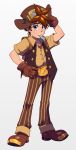  1boy belt_buckle blue_eyes braxton_barson brown_hair candy cryamore gloves goggles goggles_on_head hand_on_hip hat official_art pinstripe_pattern robert_porter short_hair solo vest 
