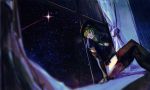  1girl curtains elbow_gloves gloves green_hair hat long_hair night night_sky sky solo star_(sky) star_driver starry_sky thighhighs total watanabe_kanako window yellow_eyes 