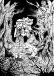  2girls blouse flandre_scarlet forest highres holding_hands monochrome multiple_girls nature night porupu rumia short_hair touhou tree vest wings 