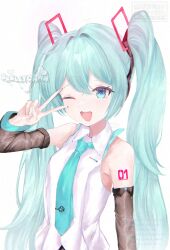  1girl absurdres aqua_necktie artist_logo bare_shoulders blinking blue_eyes blue_hair blue_necktie collared_shirt commentary detached_sleeves english_commentary hair_between_eyes hair_ornament hatsune_miku hatsune_miku_(vocaloid4) highres logo long_hair looking_at_viewer necktie number_tattoo open_mouth shirt shoulder_tattoo skellychan sleeveless sleeveless_shirt smile solo tattoo twintails upper_body v very_long_hair vocaloid watermark white_shirt 