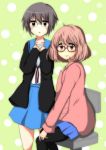  2girls a.ringo brown_eyes cardigan company_connection crossover glasses grey_hair highres kuriyama_mirai kyoto_animation kyoukai_no_kanata multiple_girls nagato_yuki pink_hair red-framed_glasses school_uniform serafuku short_hair suzumiya_haruhi_no_yuuutsu 