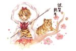  1girl black_hair blonde_hair hair_ornament happy_new_year mabiko multicolored_hair polearm shawl spear tiger toramaru_shou touhou traditional_media translated two-tone_hair watercolor_(medium) weapon 