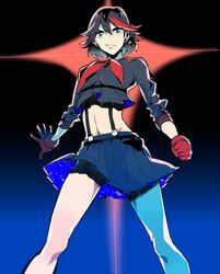  1girl black_hair blue_eyes gloves kill_la_kill midriff mooh multicolored_hair navel school_uniform senketsu serafuku short_hair skirt solo suspenders two-tone_hair 