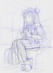  1girl cup hat kasuga_yukihito long_dress long_hair monochrome patchouli_knowledge sitting sketch solo teacup touhou traditional_media vertical_stripes 