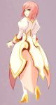  1girl boots coat dress estellise_sidos_heurassein gloves green_eyes looking_back pink_hair purple_background puyon_(pixiv) rough short_hair smile solo tales_of_(series) tales_of_vesperia 