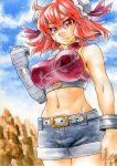  1girl alternate_costume bandaid bare_arms belt blue_sky breasts bun_cover clouds double_bun hair_bun ibaraki_kasen kawachi_koorogi large_breasts midriff navel nib_pen_(medium) red_eyes redhead shackle shorts sky solo top touhou traditional_media watercolor_(medium) 