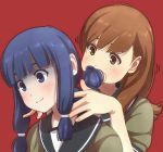  2girls bangs blue_eyes blue_hair blunt_bangs braid brown_eyes brown_hair eating_hair kantai_collection kitakami_(kantai_collection) long_hair multiple_girls ooi_(kantai_collection) personification school_uniform serafuku 