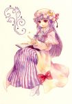  1girl book bow crescent hair_bow hat hat_bow long_hair mabiko patchouli_knowledge purple_hair solo touhou traditional_media violet_eyes watercolor_(medium) 