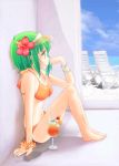  1girl bikini chair drink flower green_eyes green_hair gumi hibiscus highres lounge_chair short_hair swimsuit visor vocaloid yakimochi 