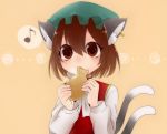  1girl animal_ears beige_background brown_hair cat_ears cat_tail chen earrings eating food jewelry multiple_tails musical_note red_eyes shiromizu simple_background spoken_musical_note tail touhou two_tails 