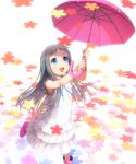  1girl ano_hi_mita_hana_no_namae_wo_bokutachi_wa_mada_shiranai blue_eyes blush boots dress flower highres honma_meiko long_hair looking_up mutsuki_(moonknives) open_mouth rain_boots running silver_hair sleeveless sleeveless_dress smile solo umbrella wate 