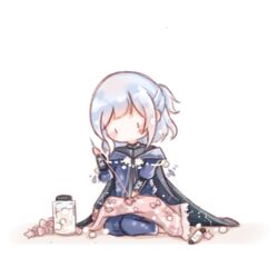  1boy beads black_cape black_eyes black_shirt blue_pants blue_robe blush_stickers cape chibi collared_shirt constellation_print cross-laced_clothes cross-laced_sleeves downturned_eyes facial_mark four-pointed_star holding_sewing_needle interruption_(echo-023) jar layered_sleeves leonid_(shining_nikki) long_sleeves looking_at_object male_focus marking_on_cheek medium_hair motion_lines nikki_(series) no_mouth one_side_up pants pillow print_cape puffy_long_sleeves puffy_sleeves robe sewing shadow shining_nikki shirt short_over_long_sleeves short_sleeves simple_background solid_oval_eyes solo spool star_(symbol) star_facial_mark thread white_background white_hair 