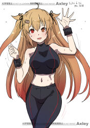  1girl axley black_pants black_shirt blurry breasts brown_eyes brown_hair commentary_request depth_of_field hair_flaps heterochromia kantai_collection large_breasts long_hair looking_at_viewer midriff multiple_girls murasame_(kancolle) murasame_kai_ni_(kancolle) one-hour_drawing_challenge pants red_eyes shirt simple_background solo sweat sweatband two_side_up waving white_background yoga_pants 