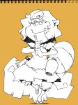  1girl animal_ears bloomers closed_eyes futatsuiwa_mamizou glasses gourd hands_together leaf leaf_on_head monochrome onikobe_rin pince-nez raccoon_ears raccoon_tail sandals smile tail touhou underwear yellow_background 
