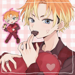  18trip 1boy :d ;d blonde_hair blue_eyes box candy chocolate commentary_request earrings eating food gift gift_box heart heart-shaped_chocolate heart-shaped_food heart-shaped_pillow isotake_akuta jewelry looking_at_viewer male_focus multicolored_hair multiple_views one_eye_closed open_mouth orange_hair pillow sebon_(sebochin) sharp_teeth short_hair smile streaked_hair teeth valentine 