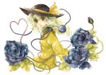  1girl blue_rose flower green_eyes green_hair hat hat_ribbon mabiko ribbon rose solo third_eye touhou traditional_media watercolor_(medium) 