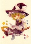  1girl apron blonde_hair bow braid broom broom_riding deformed hair_bow hat hat_ribbon kirisame_marisa mabiko red_eyes ribbon side_braid solo star touhou traditional_media waist_apron watercolor_(medium) witch_hat 