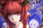  1girl :3 animal_ears black_bow body_offscreen bow braid cat_ears close-up flaming_skull hair_bow hand_to_own_mouth kaenbyou_rin lips looking_at_viewer najisa red_eyes redhead smile solo touhou twin_braids 
