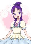  1girl bakusai dress flower futari_wa_precure_splash_star long_hair mishou_mai open_mouth ponytail precure purple_hair short_sleeves smile solo violet_eyes 