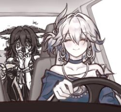 animal_ears black_dress blue_dress blush bound bound_wrists brown_hair car_interior choker commentary_request dress driving earrings fox_ears fugue_(honkai:_star_rail) honkai:_star_rail honkai_(series) hoop_earrings jewelry scared shaking smile steering_wheel tingyun_(honkai:_star_rail) white_hair yao_guang_(honkai:_star_rail) youli_owo 