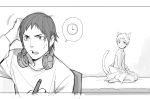  2boys animal_ears blockun cat_ears cat_tail headphones highres male monochrome multiple_boys naked_shirt original spoken_clock spoken_object sweat tail 