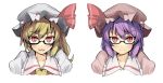  2girls ascot bespectacled blonde_hair blush bust collarbone fang flandre_scarlet glasses hat hat_ribbon hinami_(hinatamizu) lavender_hair multiple_girls open_mouth red_eyes remilia_scarlet ribbon rough semi-rimless_glasses short_hair side_ponytail simple_background smile touhou white_background 