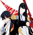  2boys black_hair blue_eyes fheksxpsla genderswap junketsu kill_la_kill kiryuuin_satsuki long_hair matoi_ryuuko multicolored_hair multiple_boys scissor_blade senketsu short_hair sword two-tone_hair weapon 