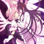  2girls akemi_homura dress eye_contact gloves goddess_madoka hair_ribbon kaname_madoka long_hair looking_at_another mahou_shoujo_madoka_magica multiple_girls open_mouth pantyhose pink_hair ribbon skirt smile spoilers tuku4331 two_side_up very_long_hair white_dress white_gloves wings yellow_eyes 