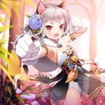  1girl animal_ears armlet bell blush breasts capelet cat_ears cat_tail cleavage fang flower gate_of_dimension gilse gloves hair_flower hair_ornament jingle_bell looking_at_viewer open_mouth red_eyes short_hair silver_hair smile solo tail white_gloves 