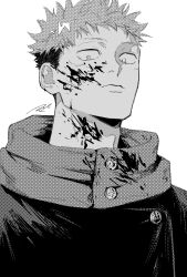  1boy blood blood_on_clothes blood_on_face buttons closed_mouth commentary_request highres hood hood_down itadori_yuji jacket_over_hoodie jujutsu_kaisen looking_at_viewer male_focus maru_shikak portrait short_hair simple_background solo undercut white_background 