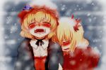  2girls aki_minoriko aki_shizuha arm_grab blonde_hair blush closed_eyes commentary_request crying dress drooling green_eyes hair_ornament hat hooded_jacket mizuga multiple_girls open_clothes open_jacket open_mouth red_dress siblings sisters snot snow snowing touhou winter_clothes 