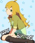  1girl ahoge blonde_hair green_eyes happy_birthday highres hoshii_miki idolmaster jewelry long_hair necklace smile solo star vc3000mg wink 