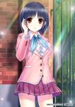  1girl absurdres adjusting_hair blazer blue_hair copyright_request female gate highres kazuharu_kina looking_at_viewer red_eyes school_uniform short_hair skirt smile solo watermark 