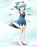  1girl :o arms_behind_back blue_background blue_eyes blue_hair bow cirno dress gradient gradient_background hair_bow ice ice_wings kneehighs looking_at_viewer maikuro no_shoes puffy_short_sleeves puffy_sleeves ribbon shadow short_hair short_sleeves solo touhou wind_lift wings 