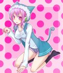  1girl animal_hat arm_support black_eyes breasts cat_tail hat headphones impossible_clothes jinga large_breasts nitroplus no_shoes open_mouth paw_pose pink_hair polka_dot polka_dot_background red_eyes sitting socks solo super_sonico tail 