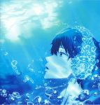  1boy absurdres album_cover black_hair bubble cover free! highres huge_filesize monochrome nanase_haruka_(free!) ocean official_art open_mouth short_hair side_view solo submerged underwater water 