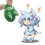  1girl animal_ears arms_up blue_eyes blue_hair blush boots cat_ears cat_tail chibi fang hair_bobbles hair_ornament hat hat_removed hat_with_ears headwear_removed jinnouchi_akira kawashiro_nitori kemonomimi_mode key long_sleeves minigirl open_mouth rubber_boots shadow short_hair simple_background skirt skirt_set solo tail tears touhou twintails white_background 