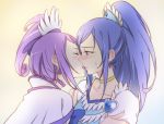  2girls arm_grab blue_hair blush closed_eyes couple cure_diamond cure_sword dokidoki!_precure hishikawa_rikka incipient_kiss kenzaki_makoto long_hair multiple_girls negom precure purple_hair short_hair yuri 