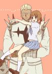  1boy 1girl blonde_hair brown_eyes brown_hair carrying gamagoori_ira highres kill_la_kill ktb0512 mankanshoku_mako pointing school_uniform serafuku short_hair sitting_on_arm skirt spikes 