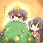  2girls akagi_(kantai_collection) black_eyes blush brown_hair christmas christmas_ornaments christmas_tree kaga_(kantai_collection) kantai_collection long_hair lowres multiple_girls open_mouth rebecca_(keinelove) short_hair side_ponytail solid_oval_eyes star 