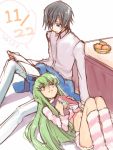  1boy 1girl book c.c. code_geass creayus dated food fruit hetero kotatsu lap_pillow lelouch_lamperouge loungewear mandarin_orange open_book pants parted_lips shorts smile striped striped_legwear table 