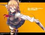  1girl blonde_hair blush breasts character_name fukai_ryousuke glasses green_eyes looking_at_viewer original school_uniform serafuku short_hair simple_background skirt solo striped striped_legwear sumitsuyu_sumiro thighhighs weapon 