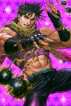  1boy black_hair blue_eyes bola_(weapon) brown_hair electricity fingerless_gloves gloves jojo_no_kimyou_na_bouken joseph_joestar_(young) manly midriff muscle realistic scarf solo striped striped_scarf ug 