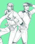  2boys atsuyu beard cabbie_hat cosplay costume_switch facial_hair hat jojo_no_kimyou_na_bouken joseph_joestar_(young) joseph_joestar_(young)_(cosplay) kaburagi_t_kotetsu kaburagi_t_kotetsu_(cosplay) midriff monochrome multiple_boys parody pose scarf tiger_&amp;_bunny vest waistcoat wink 