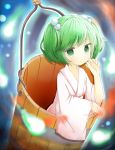  1girl blue_background bucket ellipsis_(artist) expressionless green_eyes green_hair hair_bobbles hair_ornament hand_on_own_cheek highres in_bucket in_container japanese_clothes kimono kisume light_particles long_sleeves looking_at_viewer short_hair solo touhou twintails wide_sleeves 