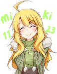  1girl ahoge blonde_hair blush closed_eyes dated fur_trim hoshii_miki idolmaster long_hair smile solo tjk 