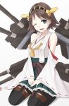  1girl ;) ;o bare_shoulders blue_eyes brown_hair detached_sleeves hair_ornament hairband hairclip headgear hiei_(kantai_collection) highres japanese_clothes kantai_collection nontraditional_miko open_mouth pantyhose personification plaid short_hair sitting skirt smile wariza wink 